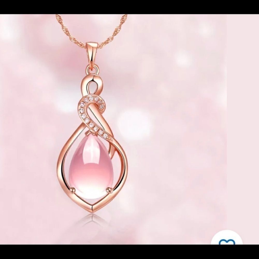 Rose Gold tone CZ Diamond Pink Opal Necklace
